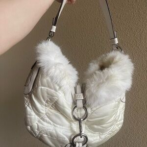 Coach White Quilted Faux Fur-Trim Hobo vintage